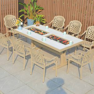 Bộ bàn ghế ngoài trời nhôm đúc 8 ghế lưng caro, bàn dài tích hợp bếp nướng BBQ