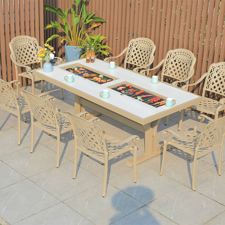 Bộ bàn ghế ngoài trời nhôm đúc 8 ghế lưng caro, bàn dài tích hợp bếp nướng BBQ