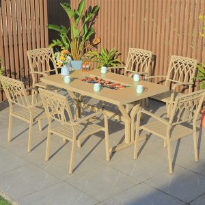 Bộ bàn ghế ăn ngoài trời nhôm đúc 6 ghế lưng nan, bàn chữ nhật, màu vàng cát