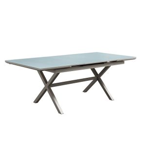 Bàn ăn ngoài trời mặt kính cường lực, khung nhôm xám, dạng mở rộng