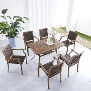 Bộ bàn ăn ngoài trời 6 ghế khung nhôm giả mây màu nâu, bàn chữ nhật, phù hợp không gian rộng