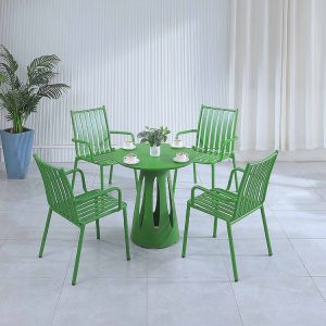 Bộ bàn ghế sân vườn nhôm 4 ghế xanh lá, bàn tròn xanh lá đồng bộ, phong cách trẻ trung