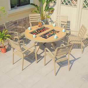 Bộ bàn ghế sân vườn 6 ghế nan nhôm, bàn tròn tích hợp bếp nướng BBQ tiện lợi