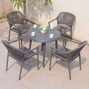 Bộ bàn ghế nhôm dây rope lưng tròn màu xám, bàn tròn, không nệm