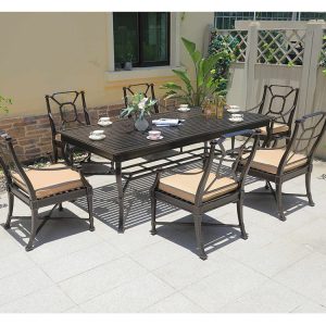 Bộ bàn ghế sân vườn 6 ghế, nệm kem, không có gối tựa, khung kim loại chắc chắn