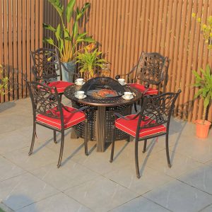 Bộ bàn ghế nhôm đúc sân vườn 4 ghế, nệm đỏ, bàn tròn tích hợp bếp nướng BBQ
