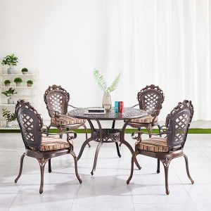Bộ bàn tròn và 4 ghế nhôm đúc ngoài trời, tựa lưng hoa văn, nệm sọc