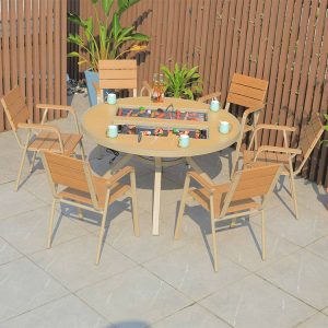 Bộ bàn ghế sân vườn nhôm giả gỗ 7 món, bàn tròn bếp nướng BBQ, ghế nan ngang trẻ trung