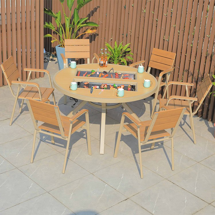Bộ bàn ghế sân vườn nhôm giả gỗ 7 món, bàn tròn bếp nướng BBQ, ghế nan ngang trẻ trung