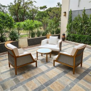 Bộ bàn ghế sân vườn cao cấp, khung gỗ tự nhiên, dây đan bền đẹp, nệm trắng sang trọng