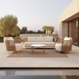 Bộ sofa sân vườn hiện đại, nệm kem, bàn trà mặt kính, không gian biệt thự
