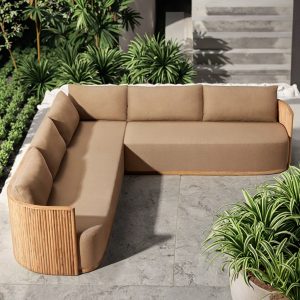 Góc nhìn trên xuống bộ sofa góc L ngoài trời, khung gỗ teak, nệm nâu sang trọng