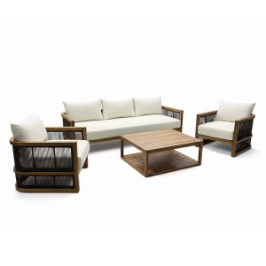 Bộ sofa ngoài trời gỗ teak, nệm kem, phối cảnh nghiêng, nổi bật thiết kế dây đan