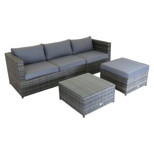 Bộ sofa giả mây xám, nệm xám, thiết kế đơn giản hiện đại, bàn trà mặt kính