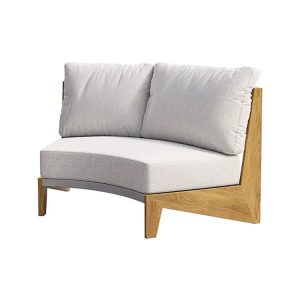 Ghế sofa cong đôi, khung gỗ teak, nệm trắng kem, phong cách hiện đại
