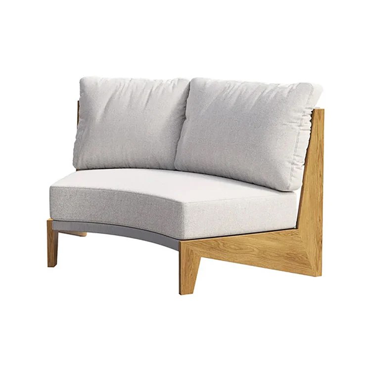 Ghế sofa cong đôi, khung gỗ teak, nệm trắng kem, phong cách hiện đại