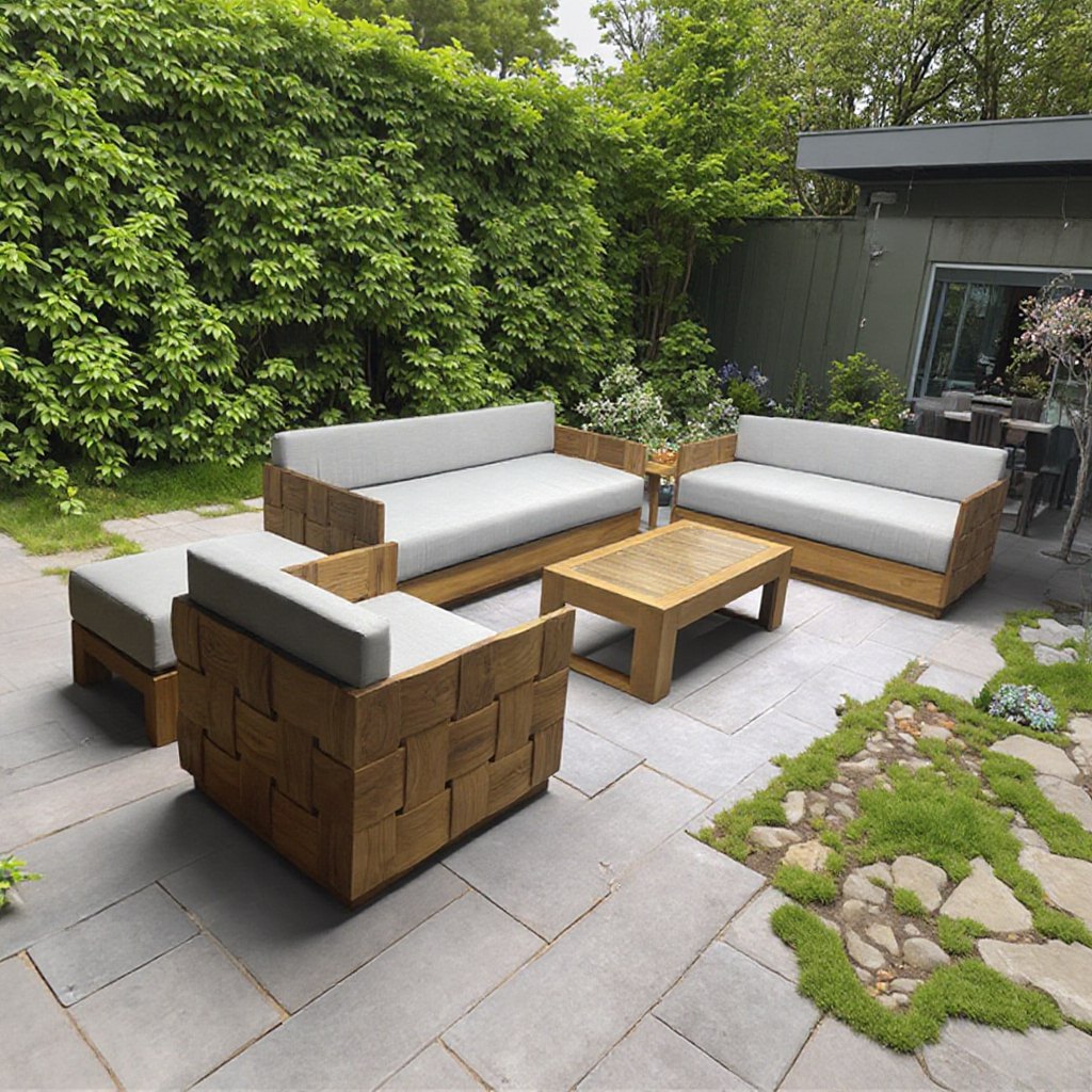 Bộ sofa sân vườn gỗ tự nhiên, nệm ghi sáng, bối cảnh sân vườn xanh mát