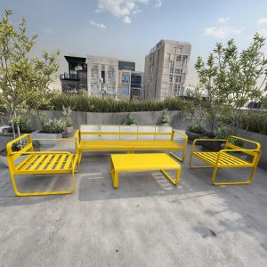 Bộ sofa sân thượng nhôm vàng, không nệm, phù hợp ngoài trời