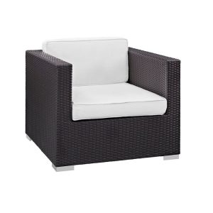 Ghế đơn sofa giả mây màu đen, nệm trắng kem, thiết kế vuông vức hiện đại