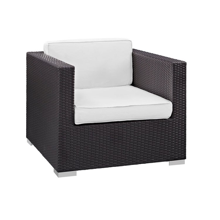 Ghế đơn sofa giả mây màu đen, nệm trắng kem, thiết kế vuông vức hiện đại
