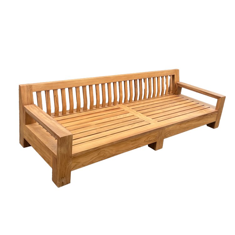 Khung sofa gỗ teak 3 chỗ, tựa lưng nan cong, chưa lắp nệm