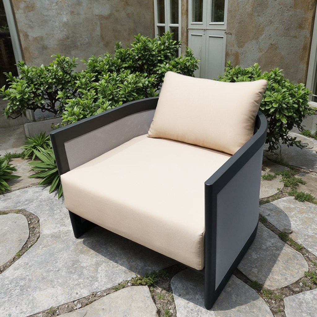 Ghế đơn sofa ngoài trời nhôm, nệm kem dày, phong cách hiện đại