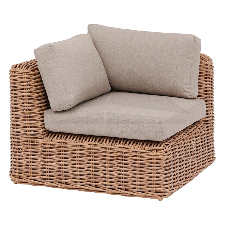 Ghế góc sofa sân vườn nhựa giả mây, nệm dày màu ghi, phong cách hiện đại