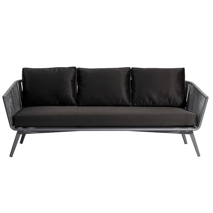 Sofa 3 chỗ ngoài trời khung nhôm sơn tĩnh điện, dây rope xám, nệm đen