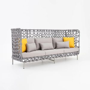 Sofa dài 3 chỗ dây rope, khung nhôm, nệm dày màu xám vàng nổi bật