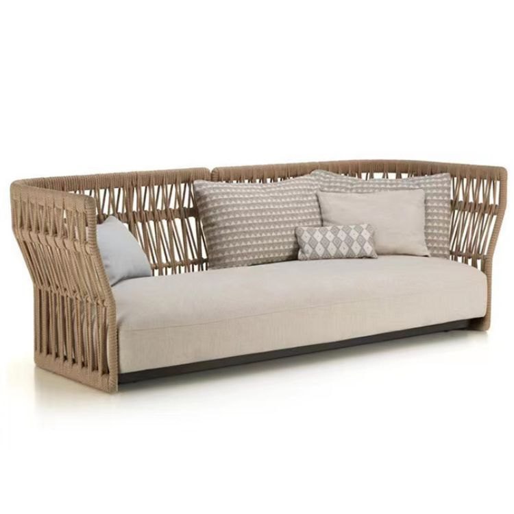 Sofa đôi đan dây rope màu be, nệm dày, gối tựa họa tiết, phong cách hiện đại sang trọng