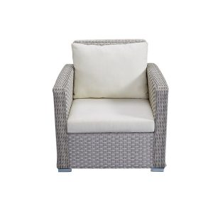 Ghế đơn sofa sân vườn giả mây xám, nệm trắng kem, tựa lưng thoải mái