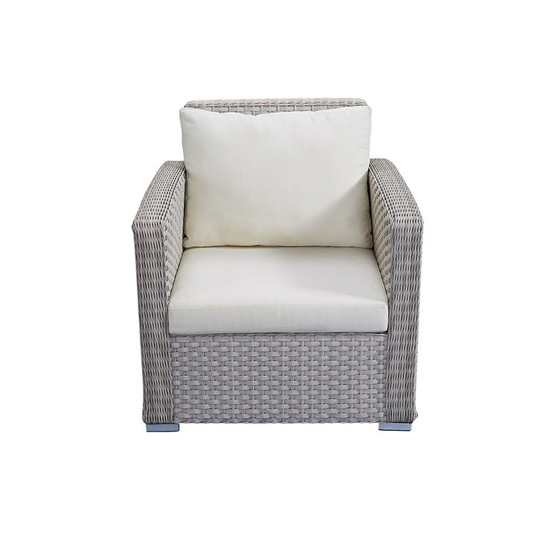 Ghế đơn sofa sân vườn giả mây xám, nệm trắng kem, tựa lưng thoải mái
