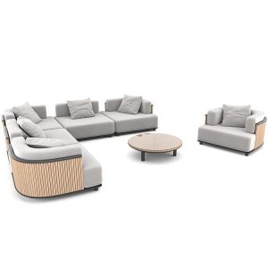 Sofa sân vườn góc L kèm ghế đơn, bàn trà tròn gỗ, phong cách sang trọng