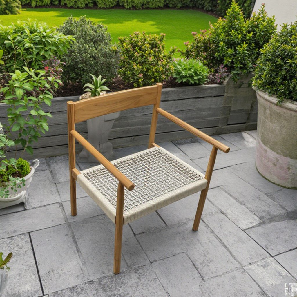 Ghế đơn sân vườn gỗ teak đan dây rope, thiết kế hiện đại, phối cảnh sân vườn