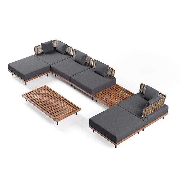 Bộ sofa sân vườn 6 món hiện đại, nệm xám, dây đan tay, bàn trà gỗ nan