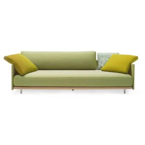 Sofa đôi ngoài trời màu xanh lá non, nệm dày, gối vàng chanh, khung nhôm