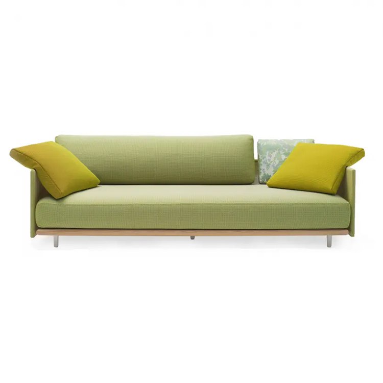 Sofa đôi ngoài trời màu xanh lá non, nệm dày, gối vàng chanh, khung nhôm