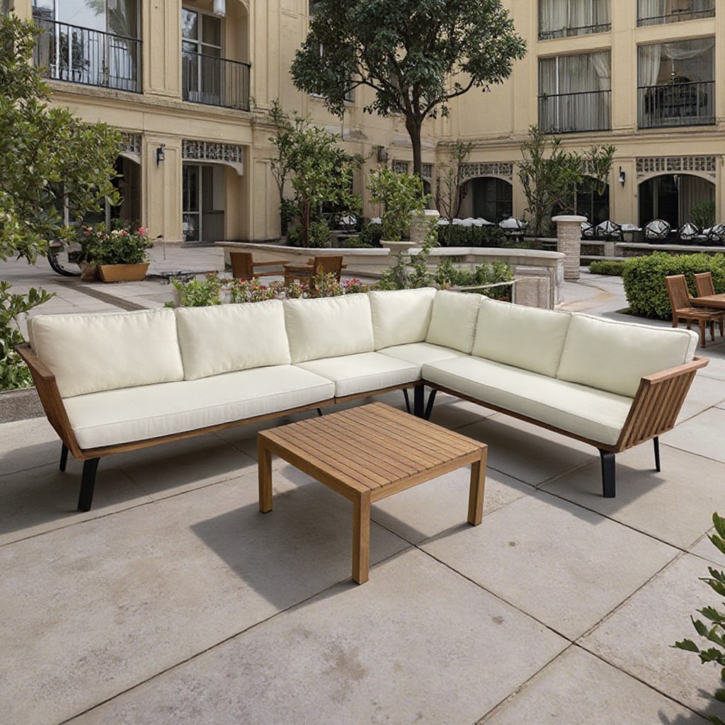Sofa góc L ngoài trời, nệm kem, bàn trà vuông, sân biệt thự phong cách châu Âu