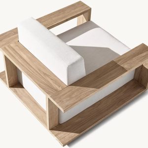 Góc nhìn trên xuống ghế đơn gỗ teak nệm trắng, thiết kế tinh tế