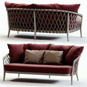 Sofa đôi ngoài trời đan dây rope, nệm đỏ rượu vang, gối tựa màu be