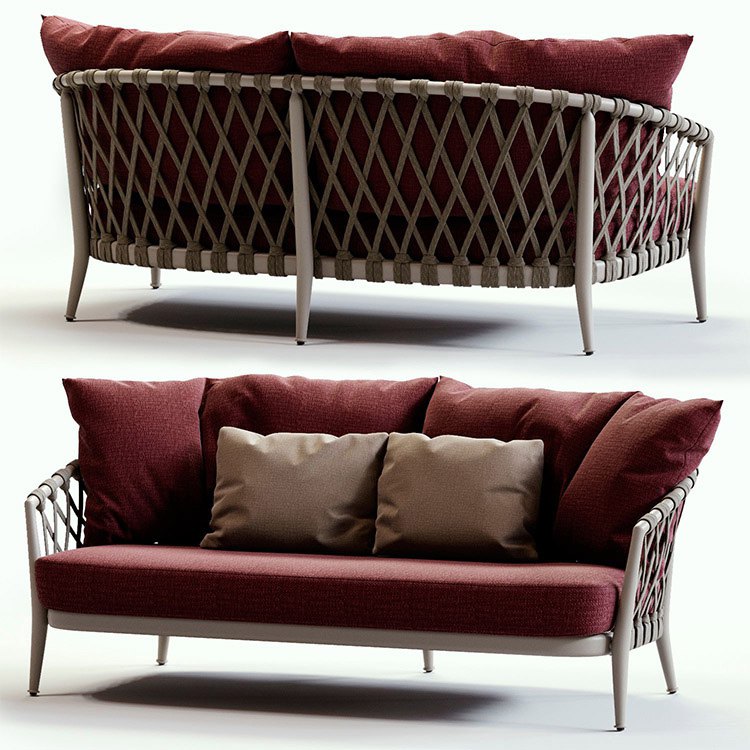 Sofa đôi ngoài trời đan dây rope, nệm đỏ rượu vang, gối tựa màu be