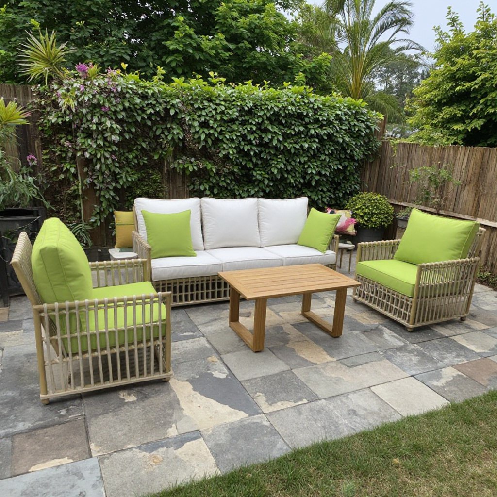 Bộ sofa ngoài trời 4 món, khung nhôm đan dây, nệm xanh trắng, bàn trà gỗ trong vườn cây
