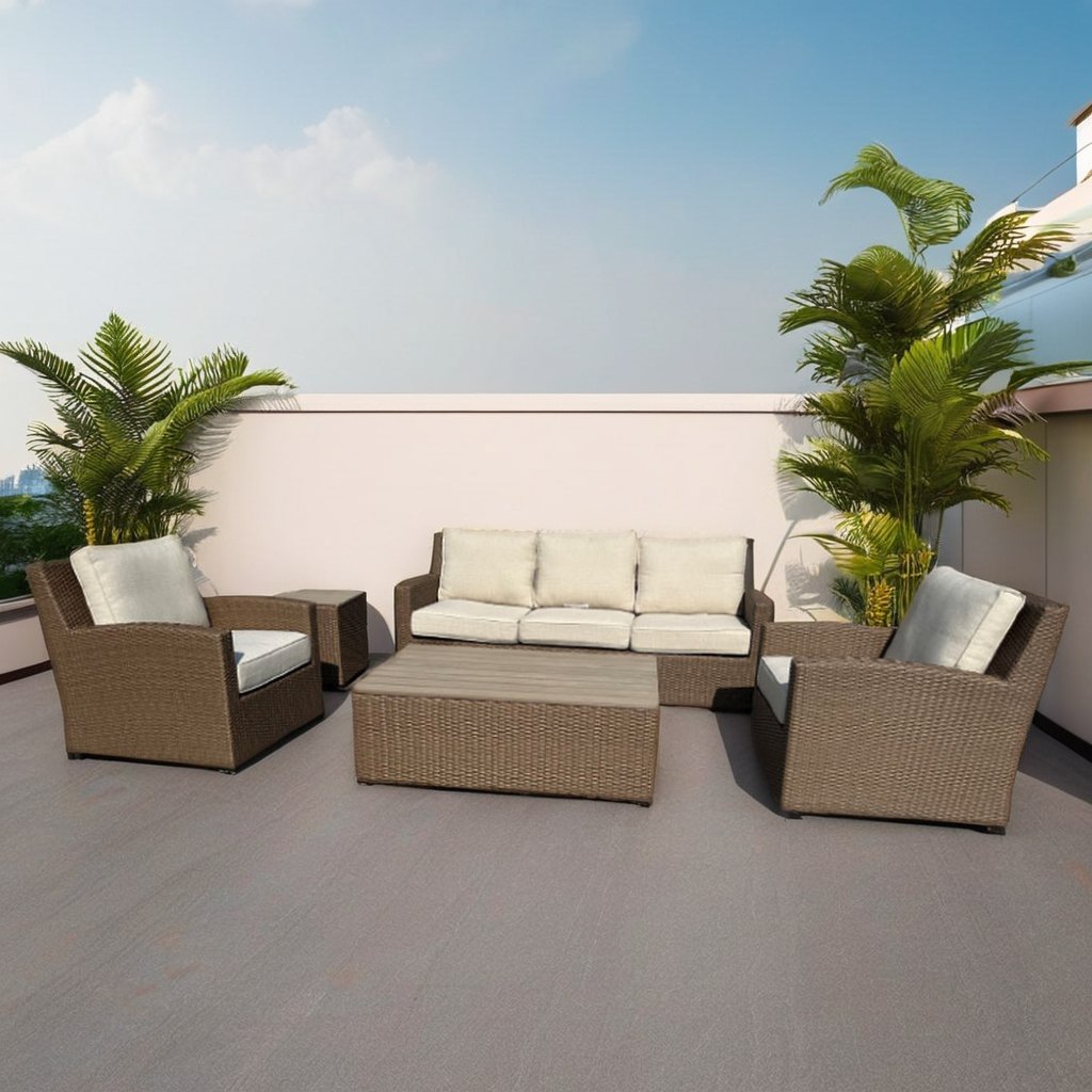 Sofa ngoài trời giả mây 4 món, nệm dày, phù hợp sân thượng hoặc ban công rộng