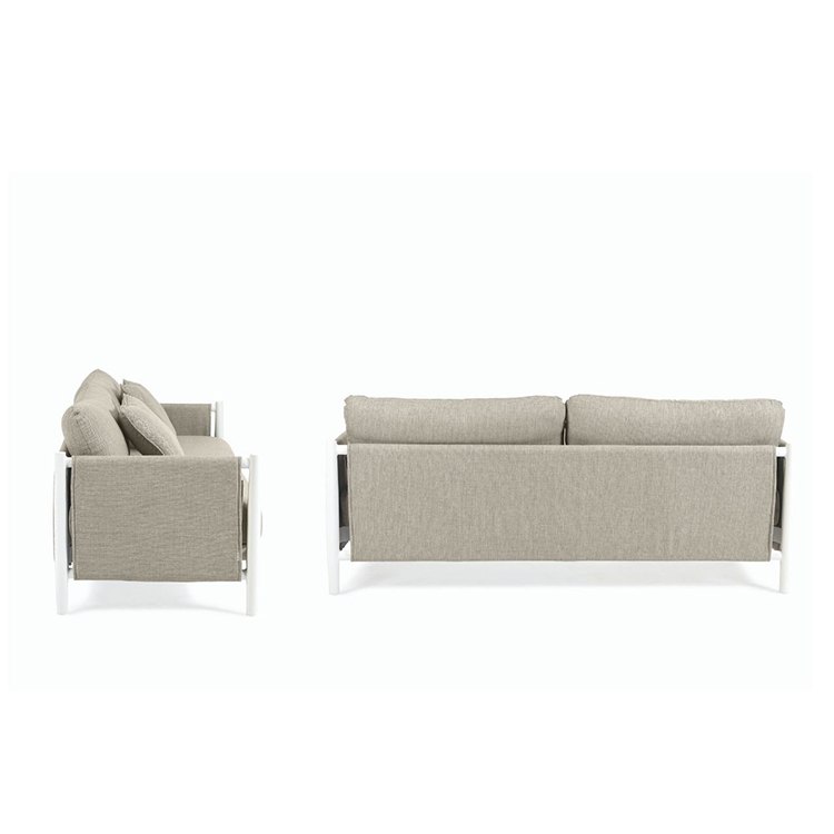 Hình chụp sofa đôi ngoài trời từ phía sau và bên cạnh, khung nhôm trắng chắc chắn
