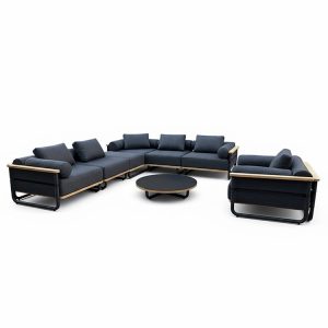 Bộ sofa sân vườn hiện đại, khung nhôm viền gỗ, nệm xám đậm, nền trắng tinh tế