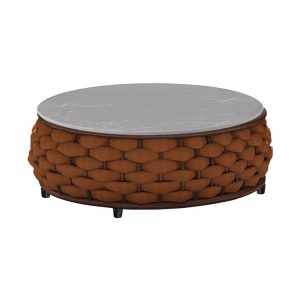 Bàn trà tròn mặt đá/kính, thân bọc dây đan nâu cam đồng bộ với sofa
