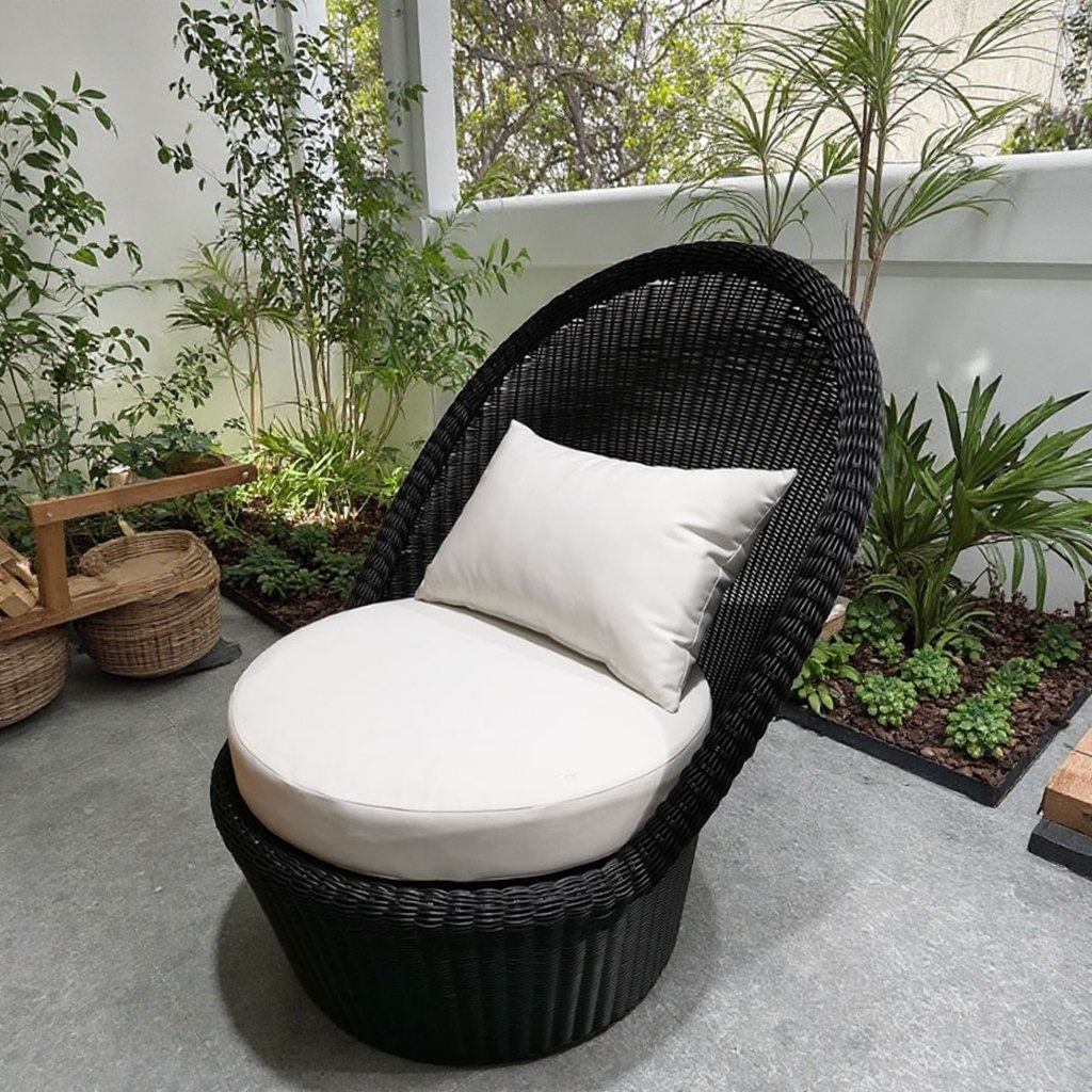 Ghế đơn nhựa giả mây ngoài trời, nệm trắng và gối tựa, đặt cạnh cây xanh thư giãn