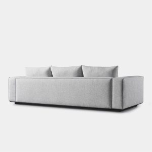 Góc nhìn phía sau sofa ngoài trời hiện đại, màu xám nhạt thanh lịch