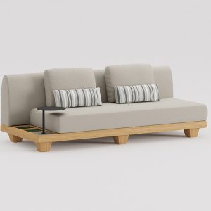 Ghế sofa ba ngoài trời, khung gỗ, nệm ghi sáng, gối sọc, bàn phụ nhỏ