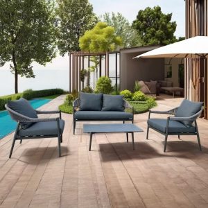 Bộ sofa sân vườn cao cấp, khung nhôm, dây rope, nệm dày, phù hợp hồ bơi, sân vườn
